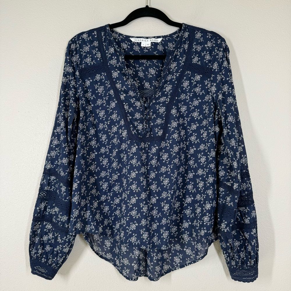 Veronica Beard Kent Cotton Floral Blouse In Marine & Off White Boho Prairie 12